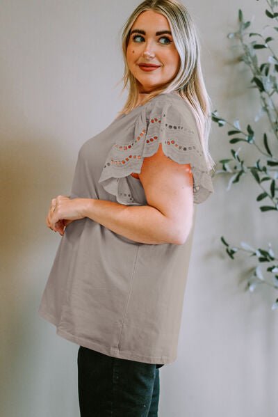 Plus Size Eyelet Round Neck Short Sleeve Blouse - Flip Flop Dynasty