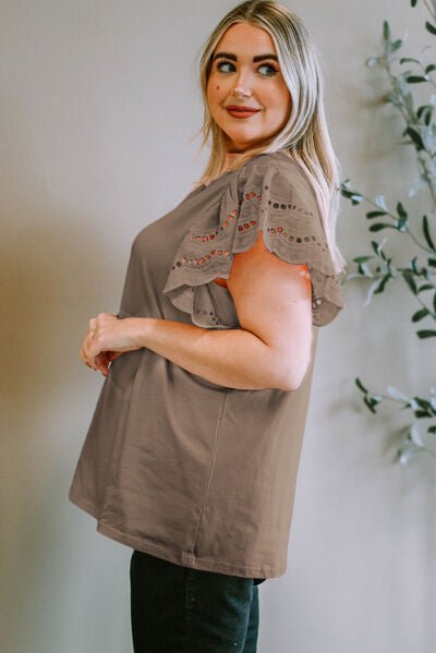 Plus Size Eyelet Round Neck Short Sleeve Blouse - Flip Flop Dynasty