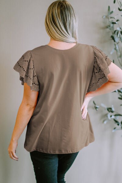 Plus Size Eyelet Round Neck Short Sleeve Blouse - Flip Flop Dynasty