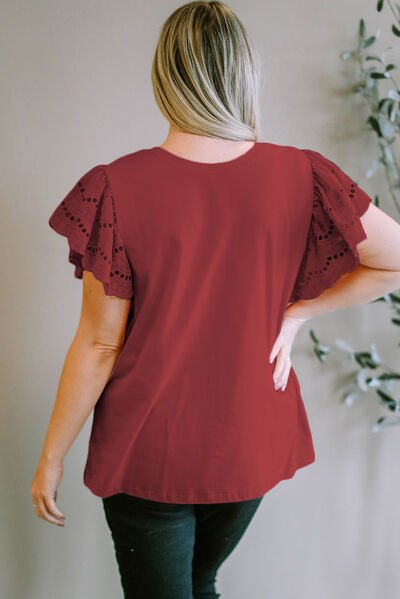 Plus Size Eyelet Round Neck Short Sleeve Blouse - Flip Flop Dynasty