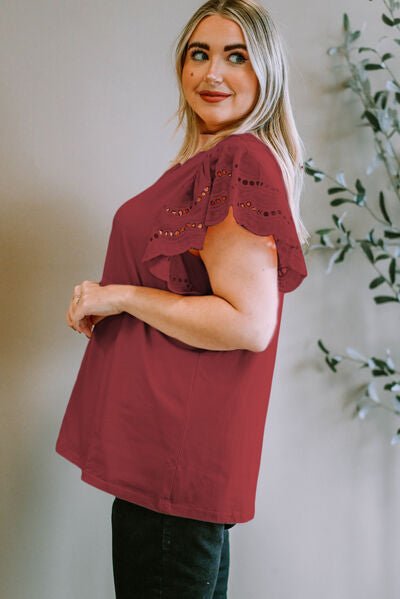 Plus Size Eyelet Round Neck Short Sleeve Blouse - Flip Flop Dynasty