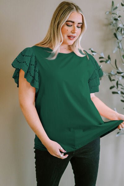 Plus Size Eyelet Round Neck Short Sleeve Blouse - Flip Flop Dynasty