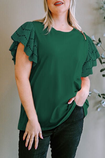 Plus Size Eyelet Round Neck Short Sleeve Blouse - Flip Flop Dynasty