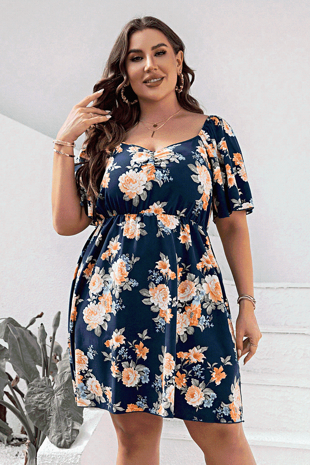 Plus Size Floral Print V - Neck Flutter Sleeve Mini Dress - Flip Flop Dynasty