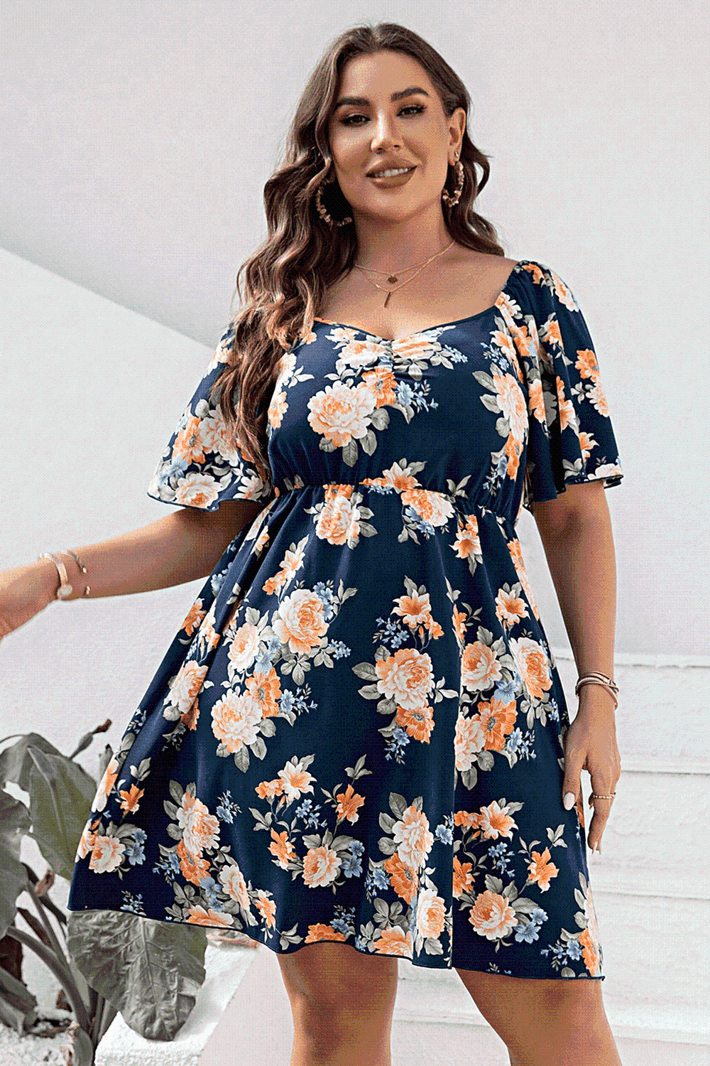 Plus Size Floral Print V - Neck Flutter Sleeve Mini Dress - Flip Flop Dynasty