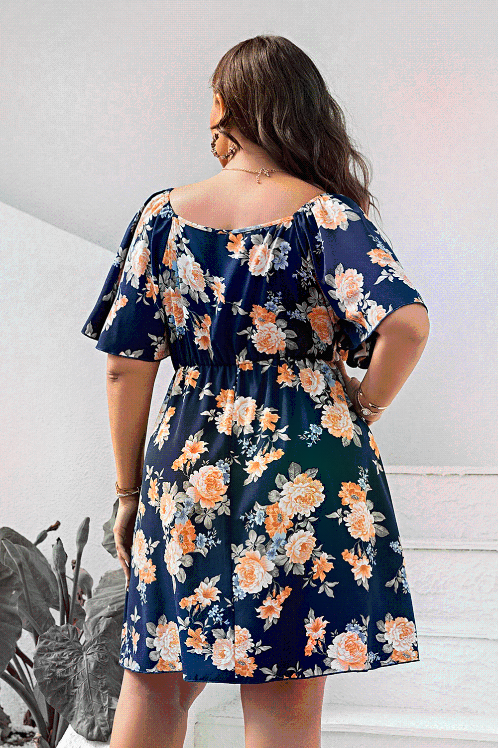 Plus Size Floral Print V - Neck Flutter Sleeve Mini Dress - Flip Flop Dynasty
