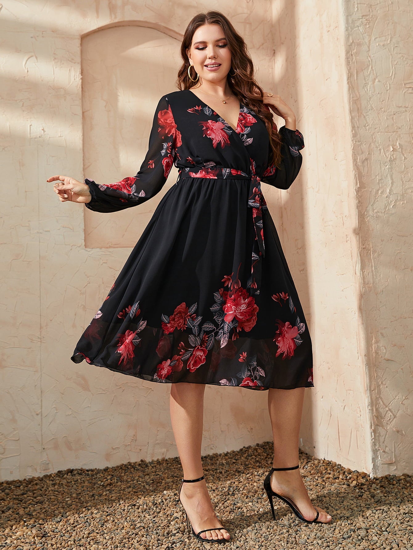 Plus Size Floral Surplice Neck Tie Waist Dress - Flip Flop Dynasty