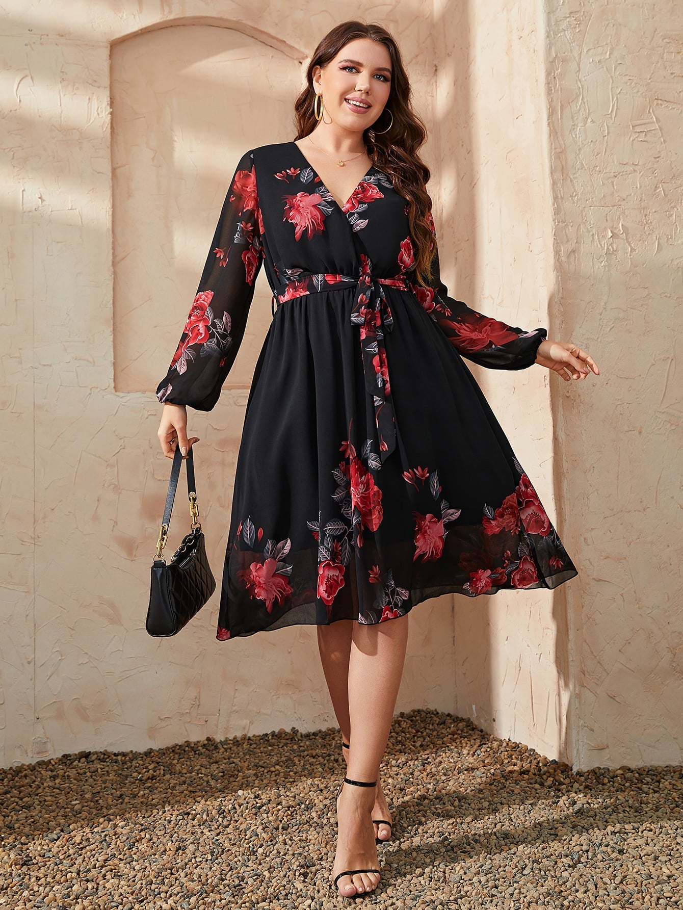 Plus Size Floral Surplice Neck Tie Waist Dress - Flip Flop Dynasty