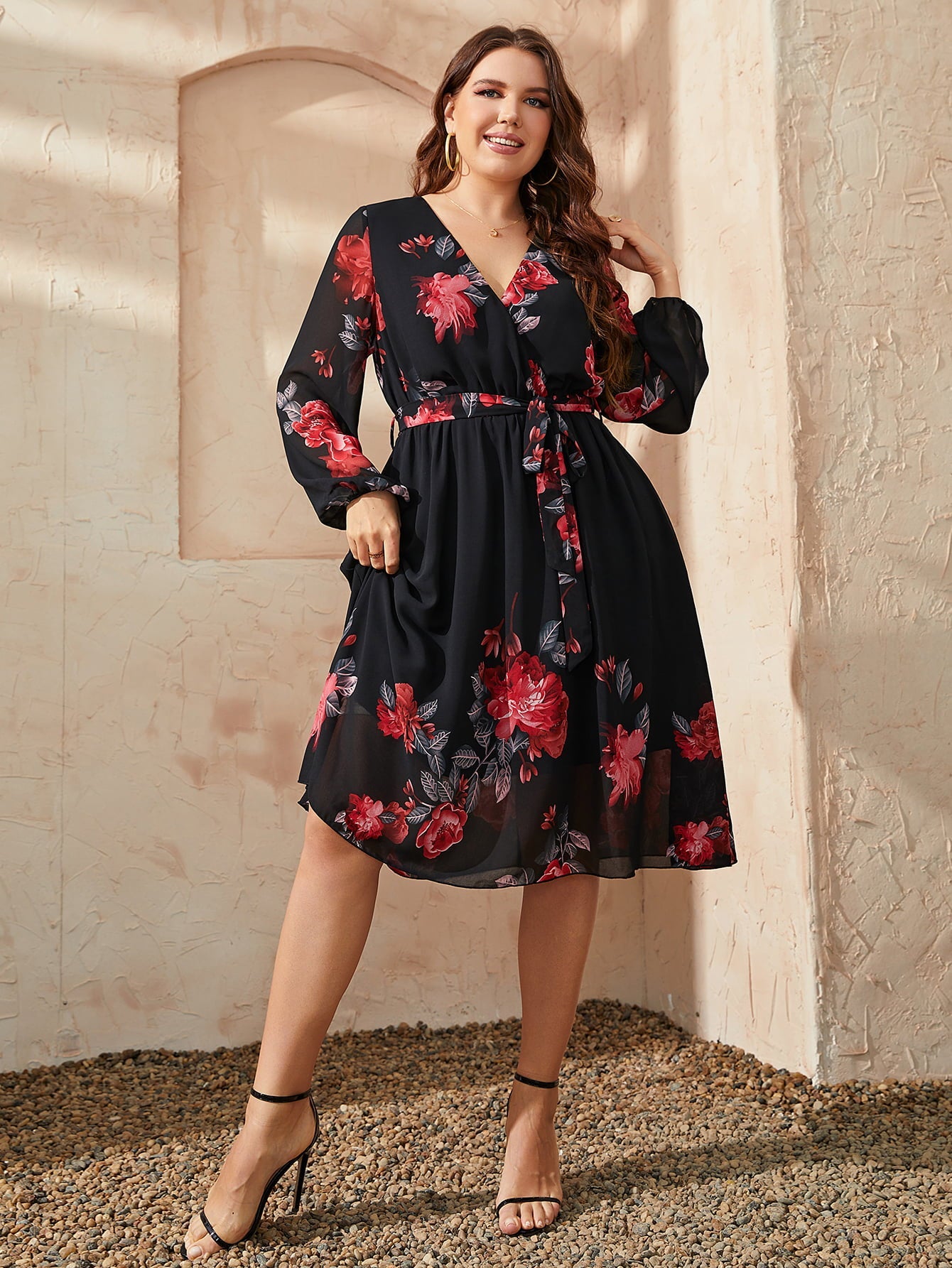 Plus Size Floral Surplice Neck Tie Waist Dress - Flip Flop Dynasty