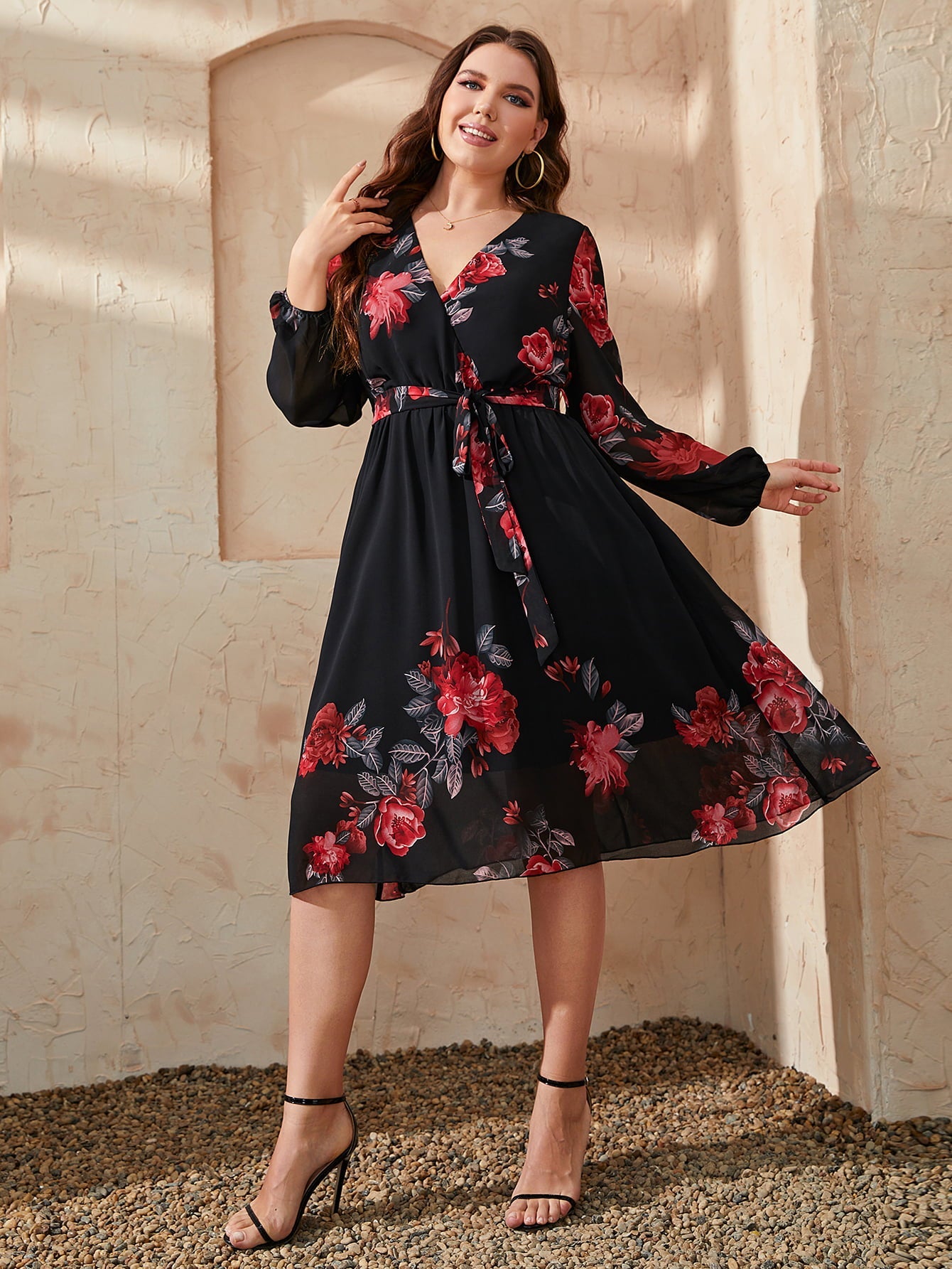 Plus Size Floral Surplice Neck Tie Waist Dress - Flip Flop Dynasty