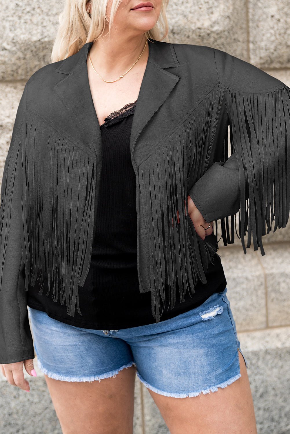 Plus Size Fringe Open Front Jacket - Flip Flop Dynasty