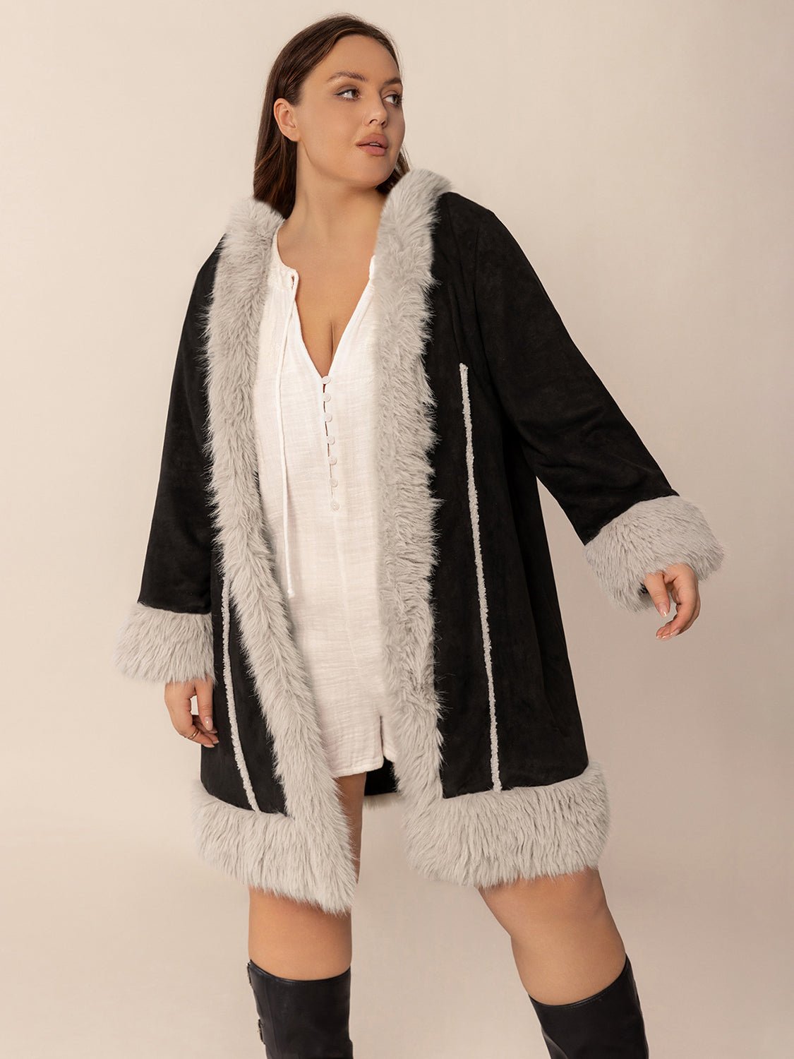 Plus Size Fuzzy Trim Open Front Long Sleeve Hooded Coat - Flip Flop Dynasty