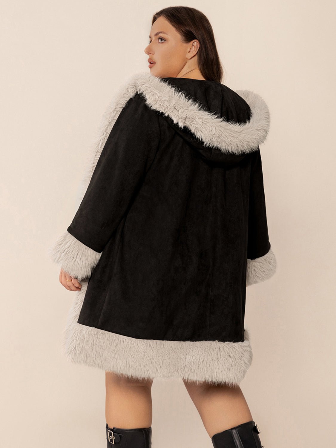 Plus Size Fuzzy Trim Open Front Long Sleeve Hooded Coat - Flip Flop Dynasty