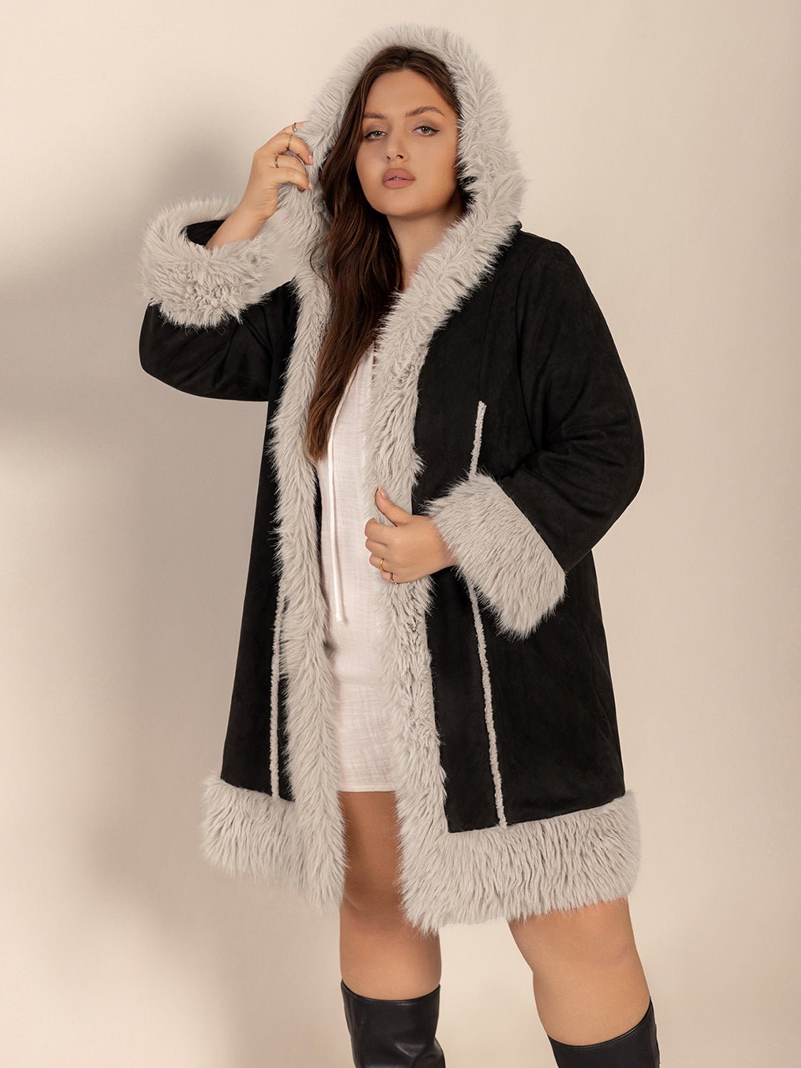 Plus Size Fuzzy Trim Open Front Long Sleeve Hooded Coat - Flip Flop Dynasty