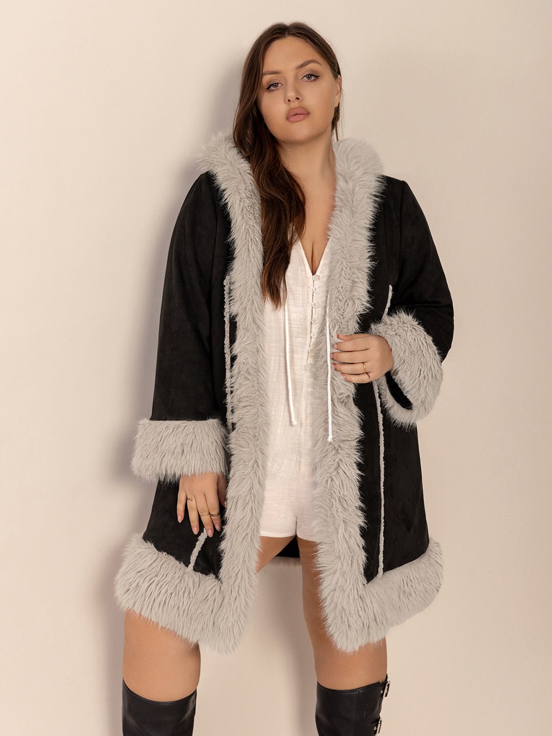Plus Size Fuzzy Trim Open Front Long Sleeve Hooded Coat - Flip Flop Dynasty