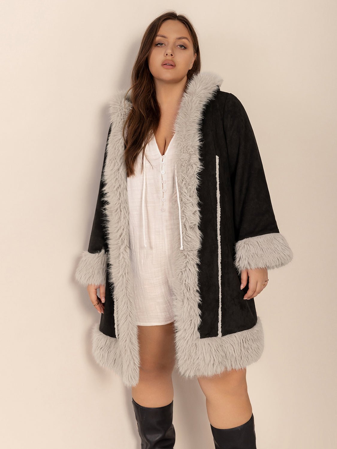 Plus Size Fuzzy Trim Open Front Long Sleeve Hooded Coat - Flip Flop Dynasty