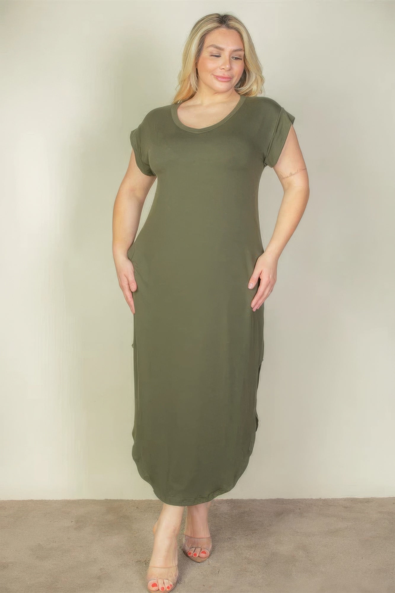 Plus Size Hidden Pocket Batwing Sleeve V Neck Long Dress - Flip Flop Dynasty