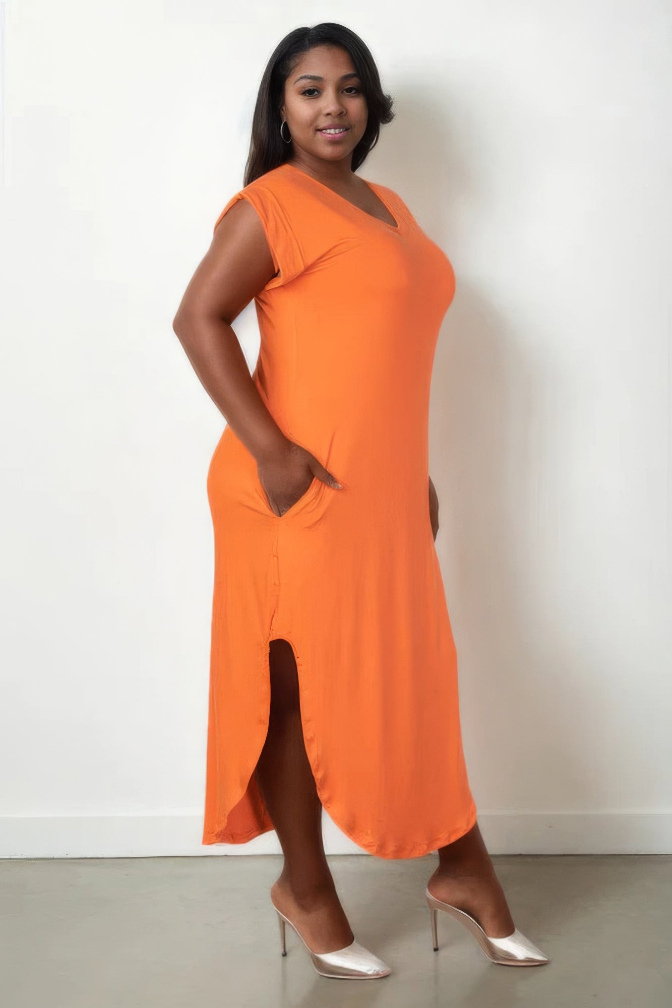 Plus Size Hidden Pocket Batwing Sleeve V Neck Long Dress - Flip Flop Dynasty