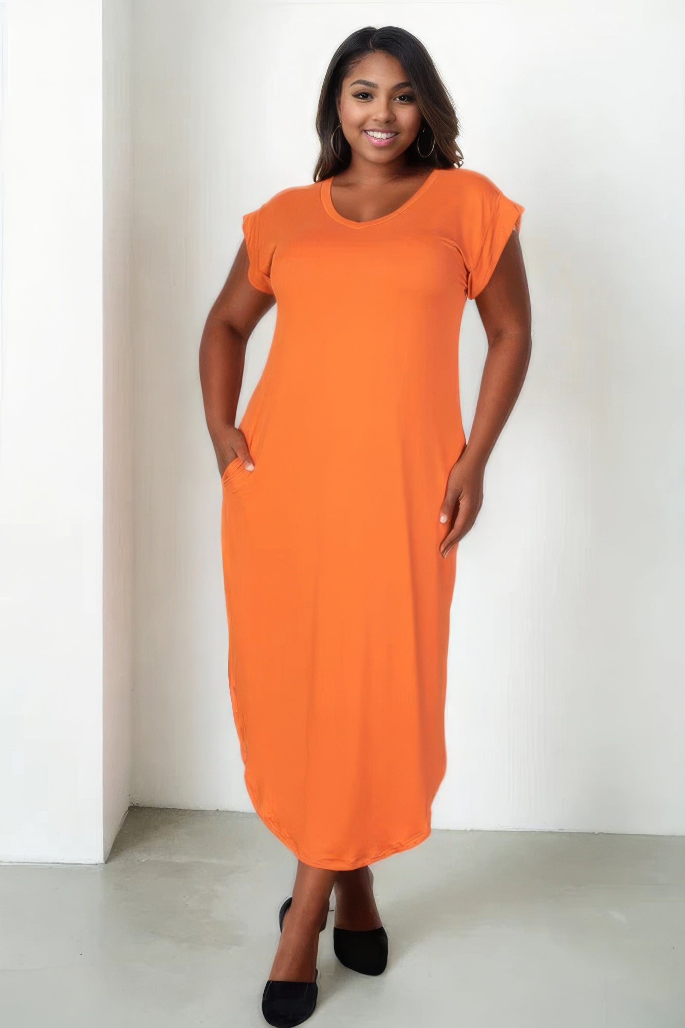 Plus Size Hidden Pocket Batwing Sleeve V Neck Long Dress - Flip Flop Dynasty