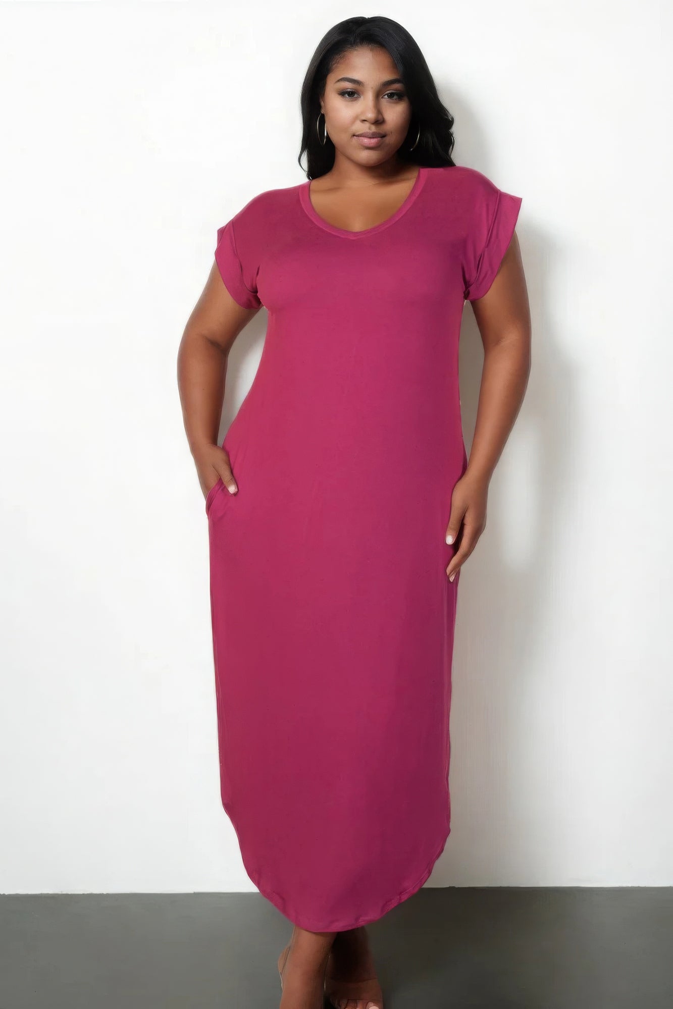 Plus Size Hidden Pocket Batwing Sleeve V Neck Long Dress - Flip Flop Dynasty