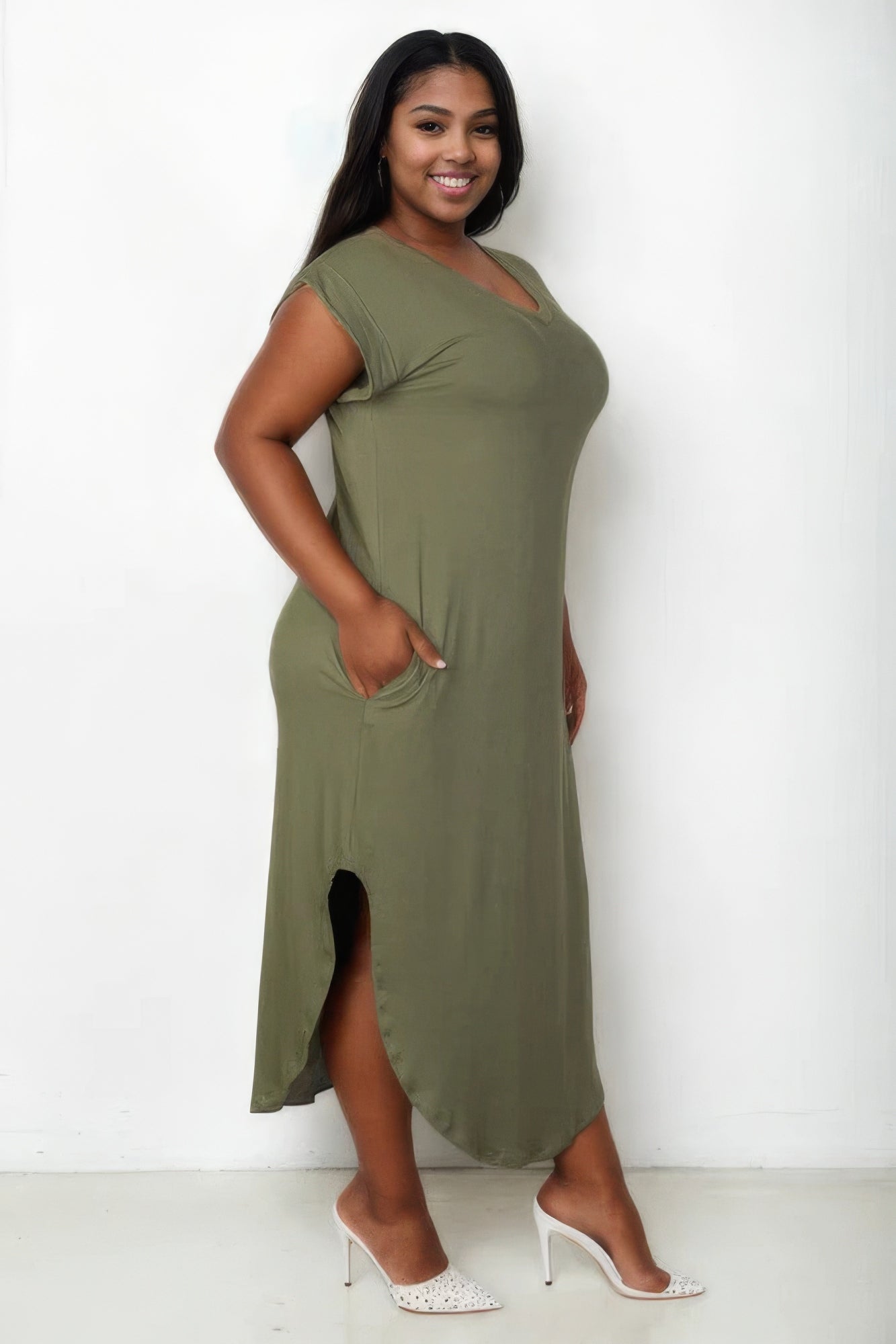 Plus Size Hidden Pocket Batwing Sleeve V Neck Long Dress - Flip Flop Dynasty