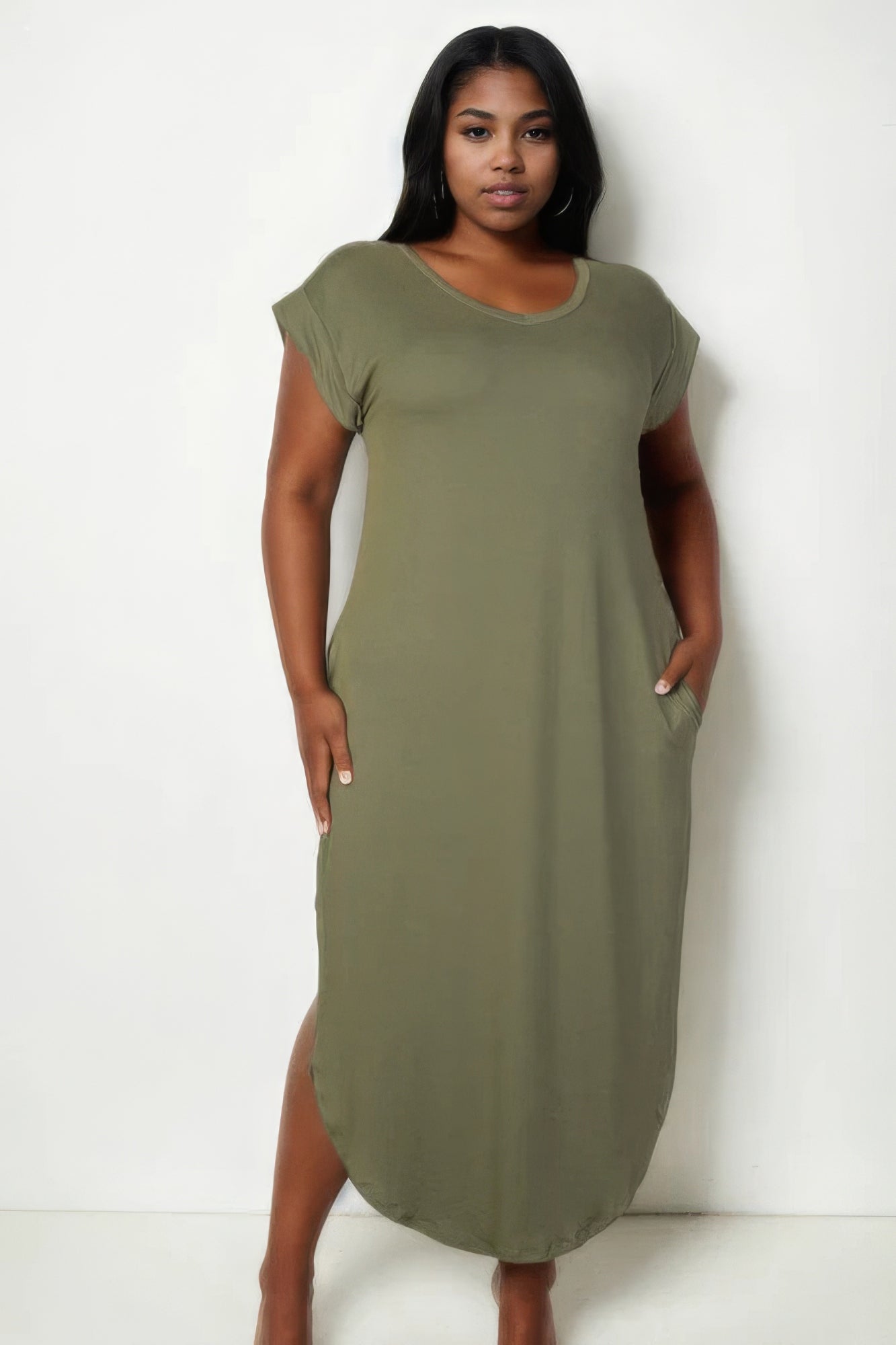 Plus Size Hidden Pocket Batwing Sleeve V Neck Long Dress - Flip Flop Dynasty