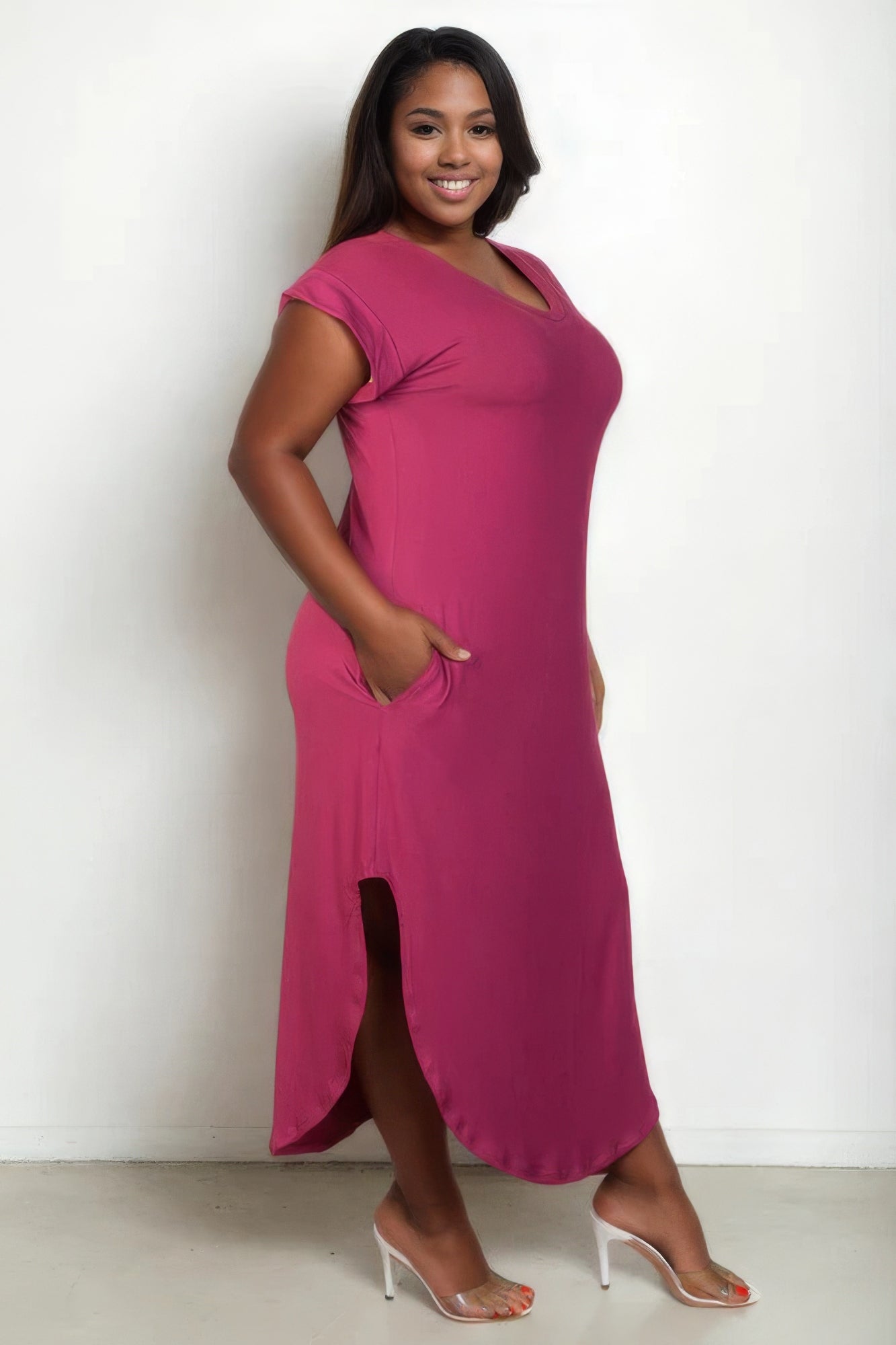 Plus Size Hidden Pocket Batwing Sleeve V Neck Long Dress - Flip Flop Dynasty