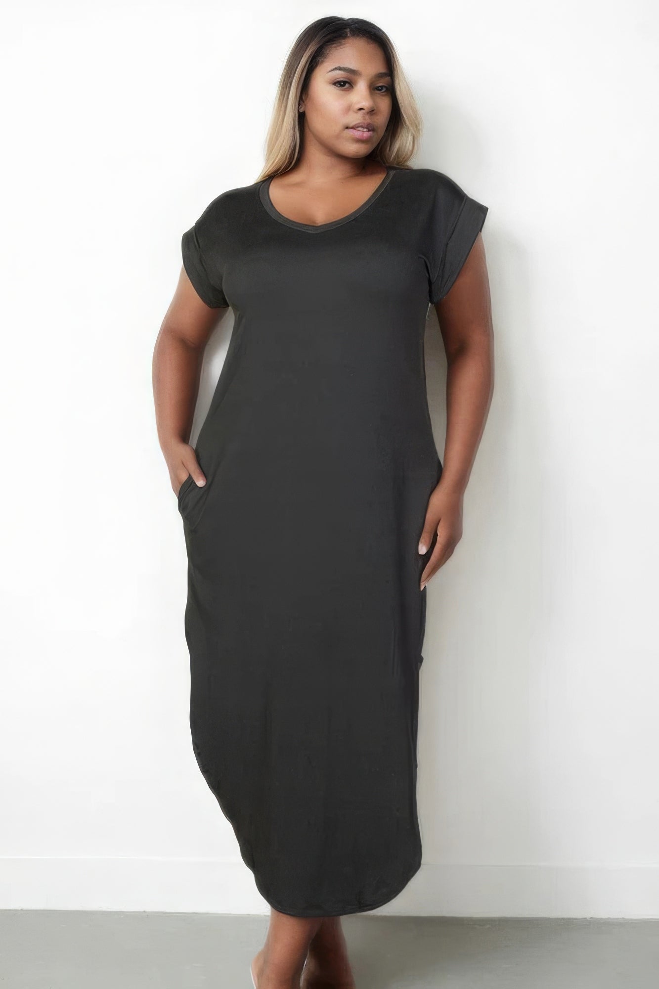 Plus Size Hidden Pocket Batwing Sleeve V Neck Long Dress - Flip Flop Dynasty