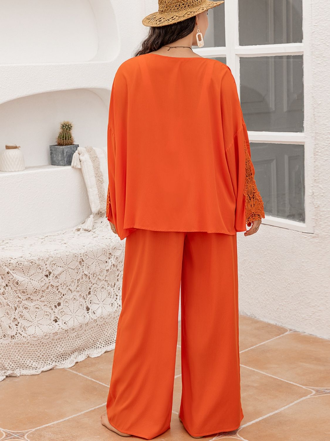 Plus Size Lace Detail Long Sleeve Top and Pants Set - Flip Flop Dynasty