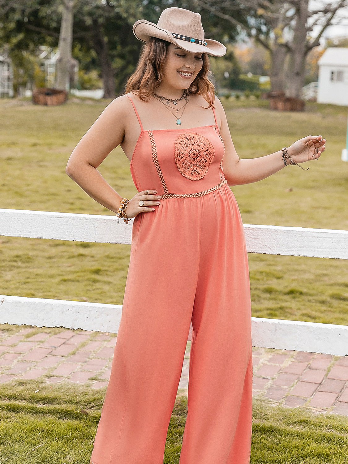 Plus Size Lace Detail Spaghetti Strap Wide Leg Jumpsuit - Flip Flop Dynasty