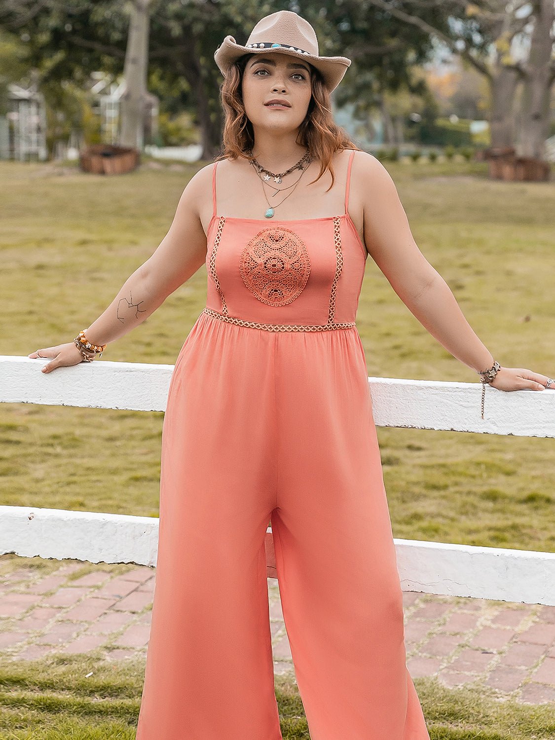 Plus Size Lace Detail Spaghetti Strap Wide Leg Jumpsuit - Flip Flop Dynasty