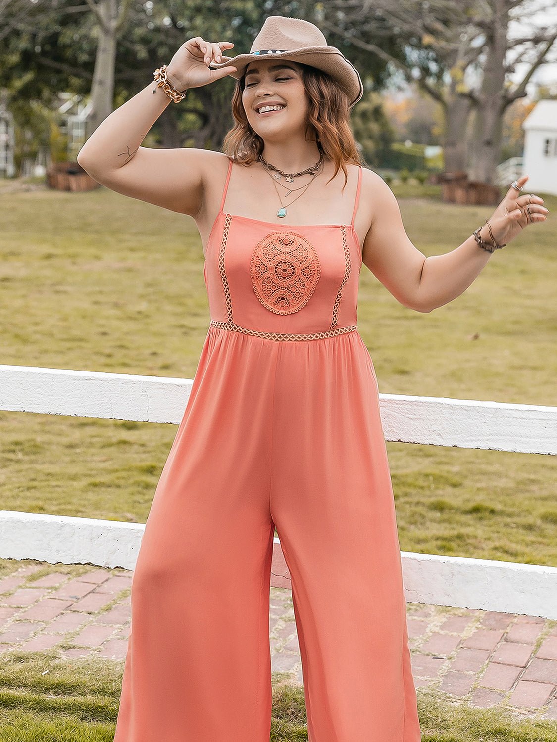 Plus Size Lace Detail Spaghetti Strap Wide Leg Jumpsuit - Flip Flop Dynasty