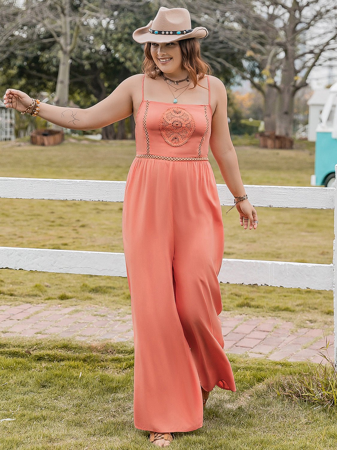 Plus Size Lace Detail Spaghetti Strap Wide Leg Jumpsuit - Flip Flop Dynasty