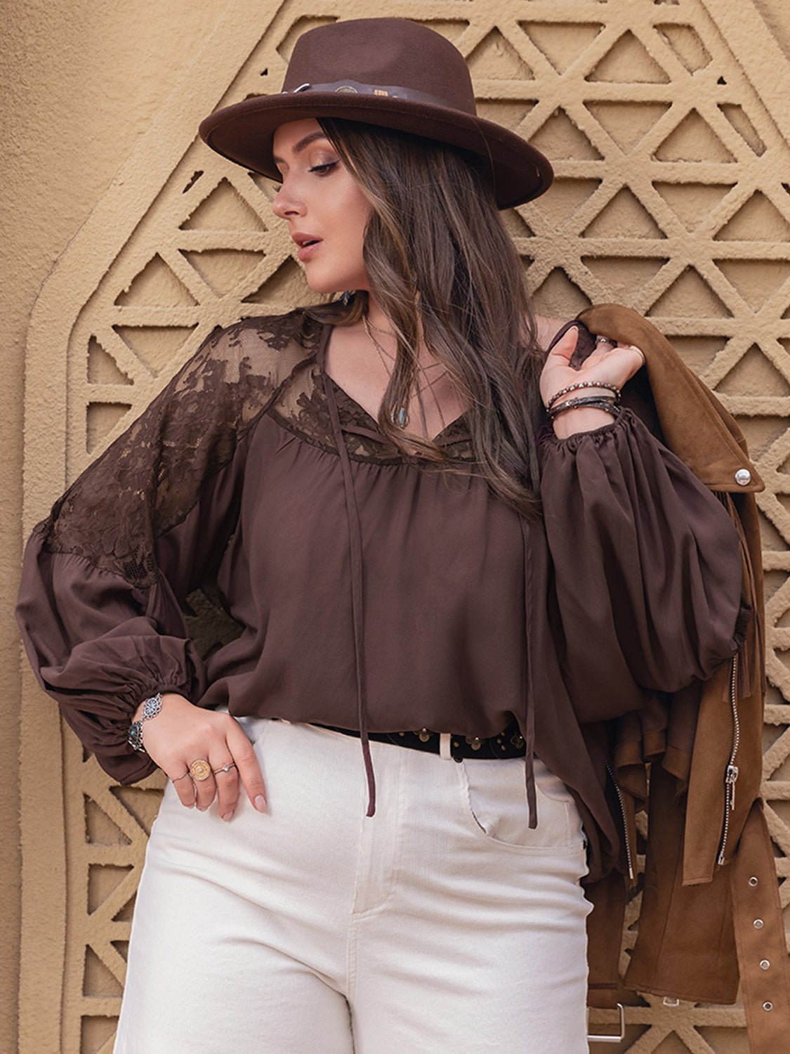 Plus Size Lace Detail Tie Neck Long Sleeve Blouse - Flip Flop Dynasty