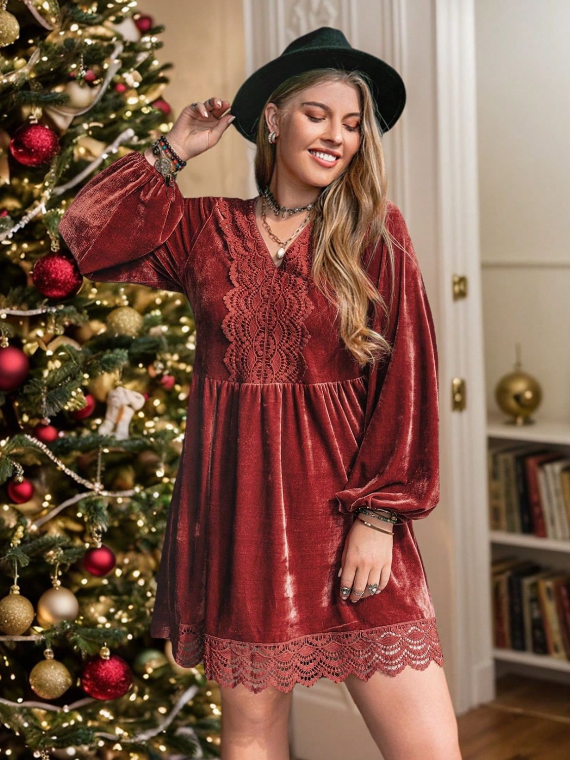 Plus Size Lace Detail V - Neck Long Sleeve Mini Dress - Flip Flop Dynasty