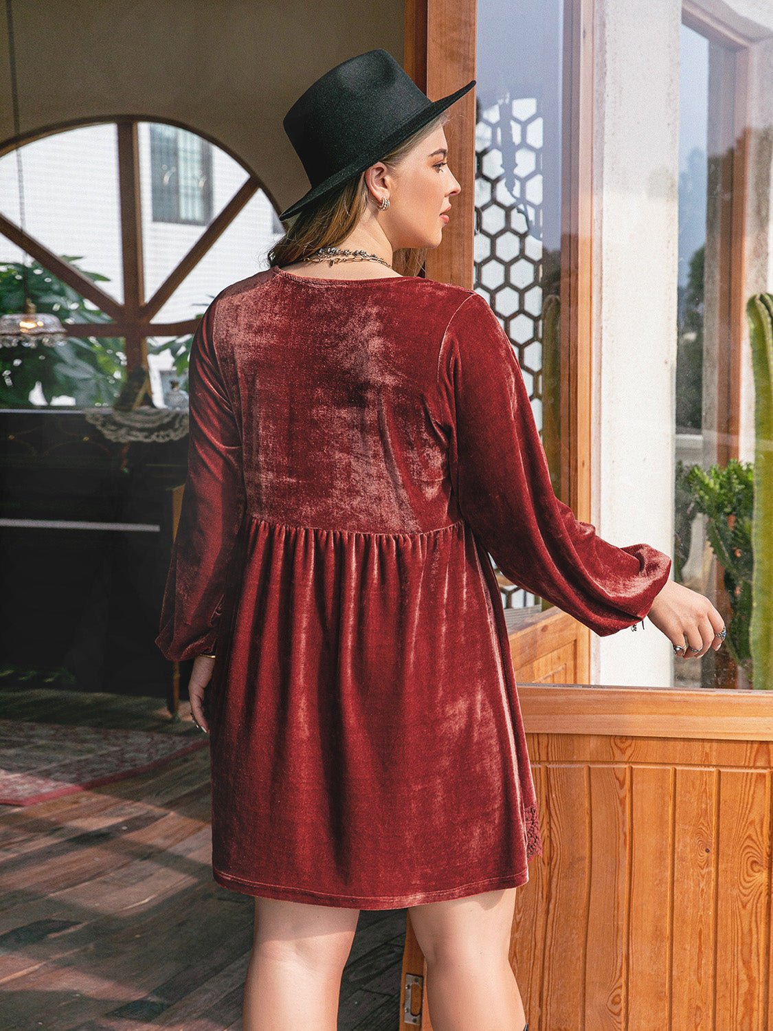 Plus Size Lace Detail V - Neck Long Sleeve Mini Dress - Flip Flop Dynasty
