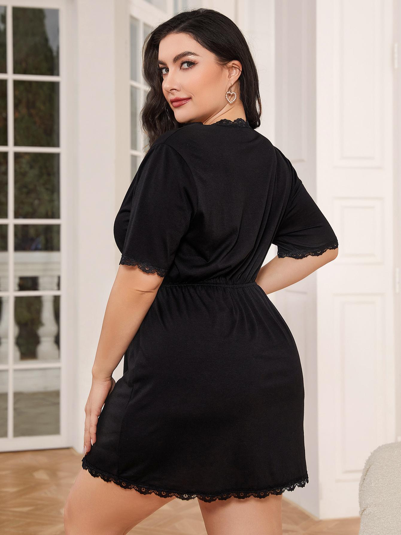Plus Size Lace Trim Deep V Night Dress - Flip Flop Dynasty