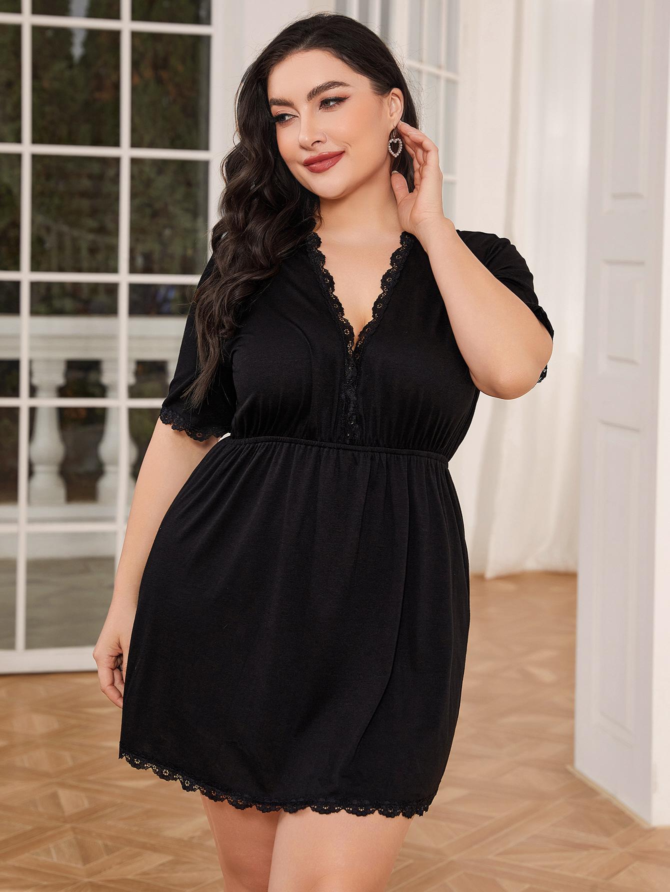 Plus Size Lace Trim Deep V Night Dress - Flip Flop Dynasty