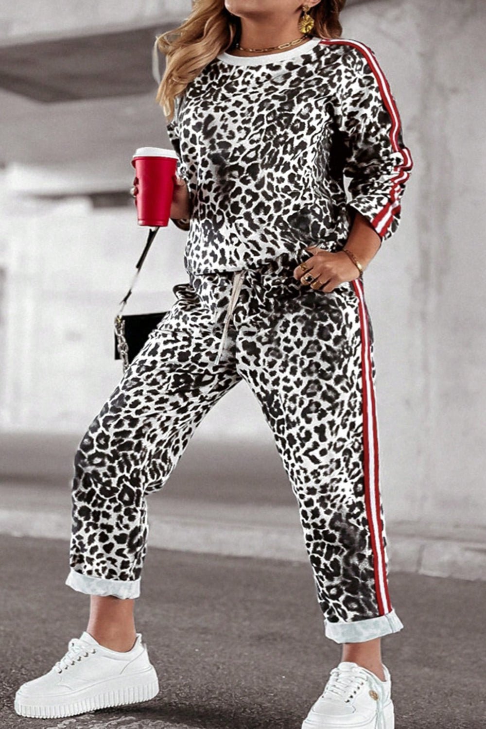 Plus Size Leopard Round Neck Top and Pants Set - Flip Flop Dynasty