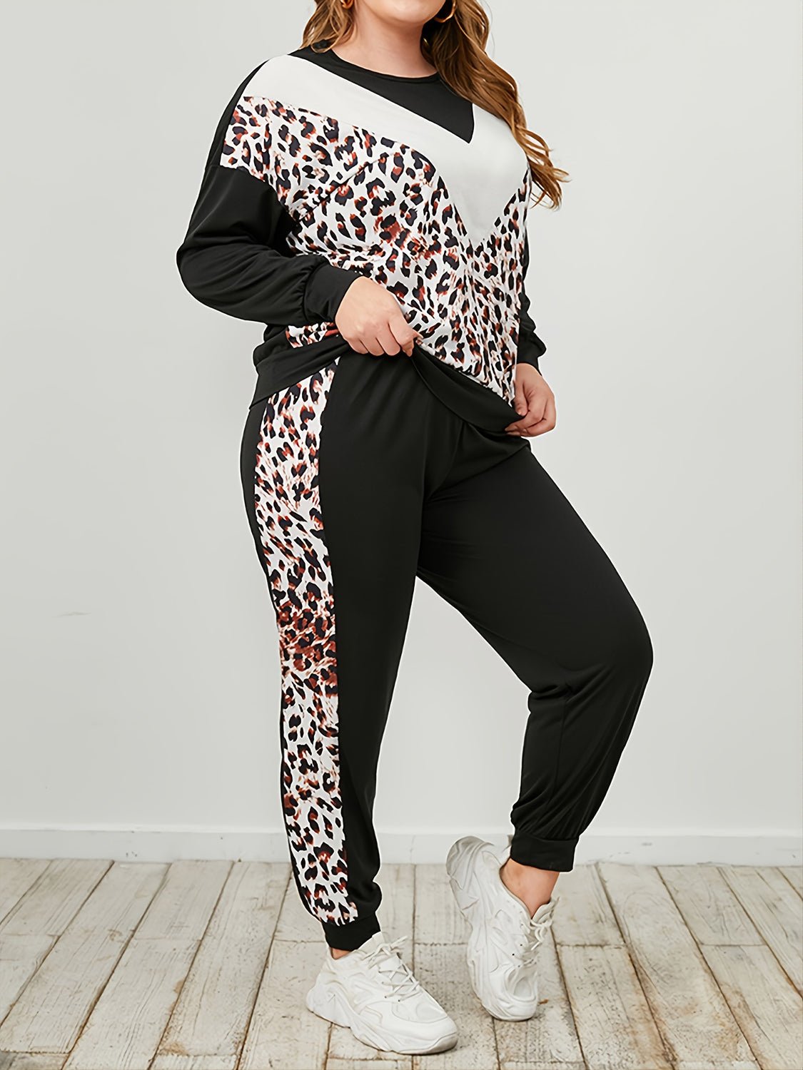 Plus Size Leopard Sweatshirt and Sweatpants Set - Flip Flop Dynasty