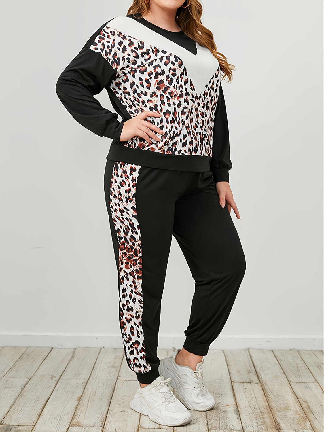 Plus Size Leopard Sweatshirt and Sweatpants Set - Flip Flop Dynasty