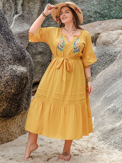 Plus Size Notched Tie Waist Half Sleeve Midi Dress - Flip Flop Dynasty
