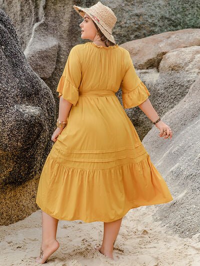 Plus Size Notched Tie Waist Half Sleeve Midi Dress - Flip Flop Dynasty