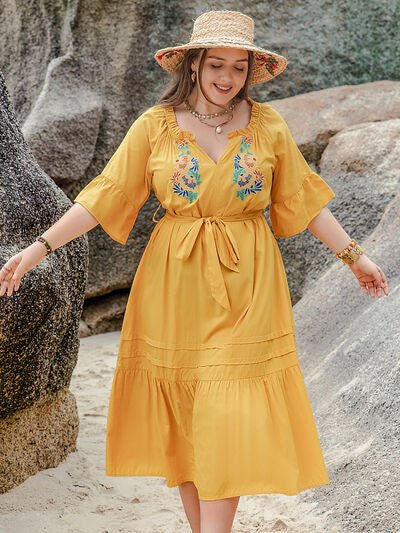 Plus Size Notched Tie Waist Half Sleeve Midi Dress - Flip Flop Dynasty