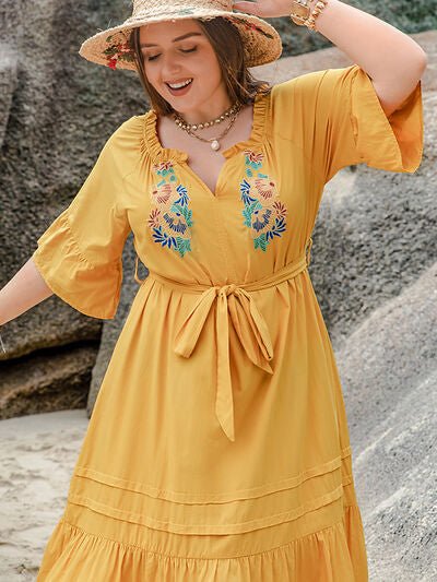 Plus Size Notched Tie Waist Half Sleeve Midi Dress - Flip Flop Dynasty