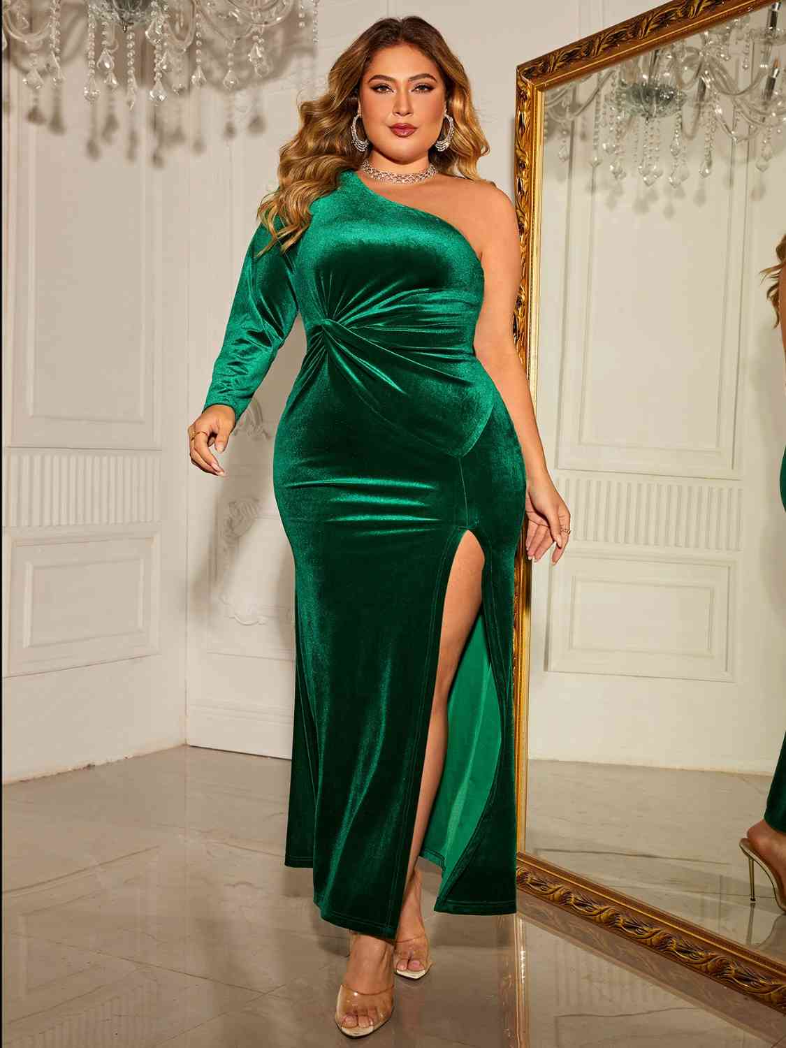 Plus Size One - Shoulder Twisted Split Dress - Flip Flop Dynasty