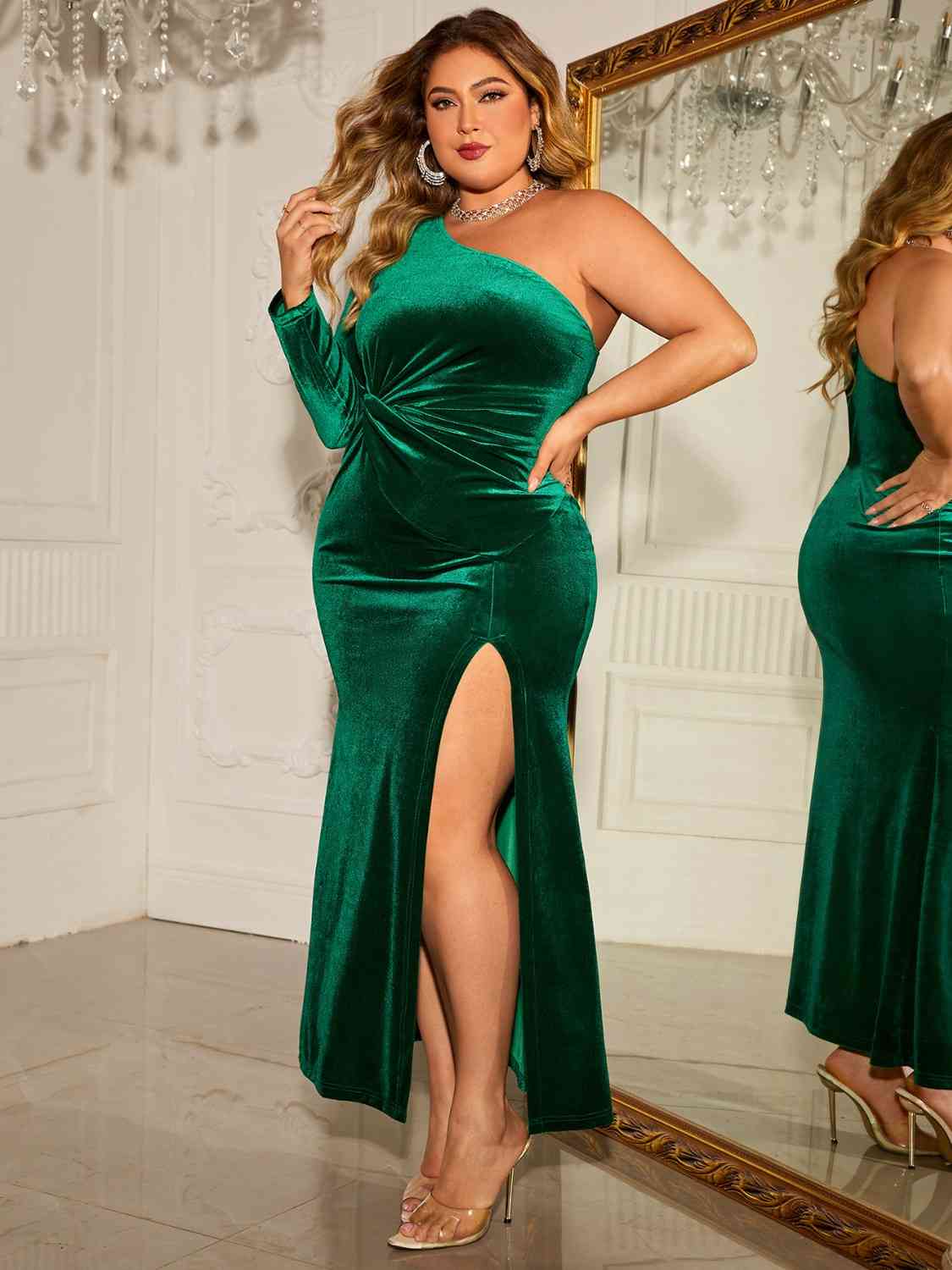 Plus Size One - Shoulder Twisted Split Dress - Flip Flop Dynasty