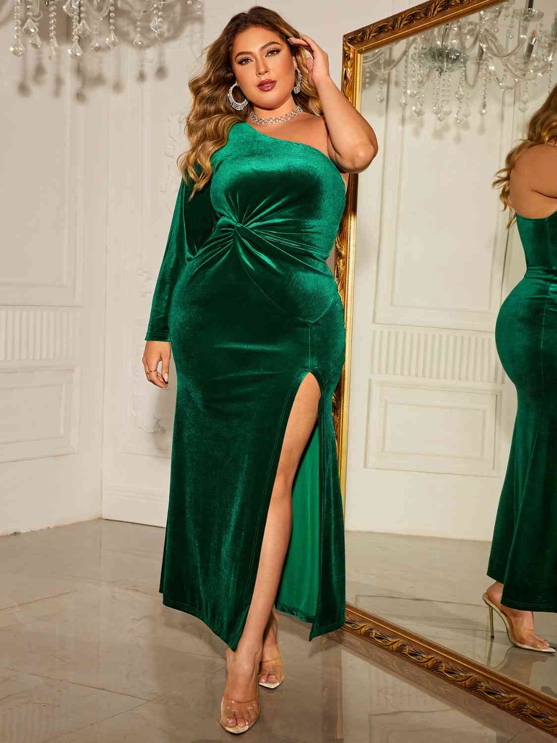 Plus Size One - Shoulder Twisted Split Dress - Flip Flop Dynasty