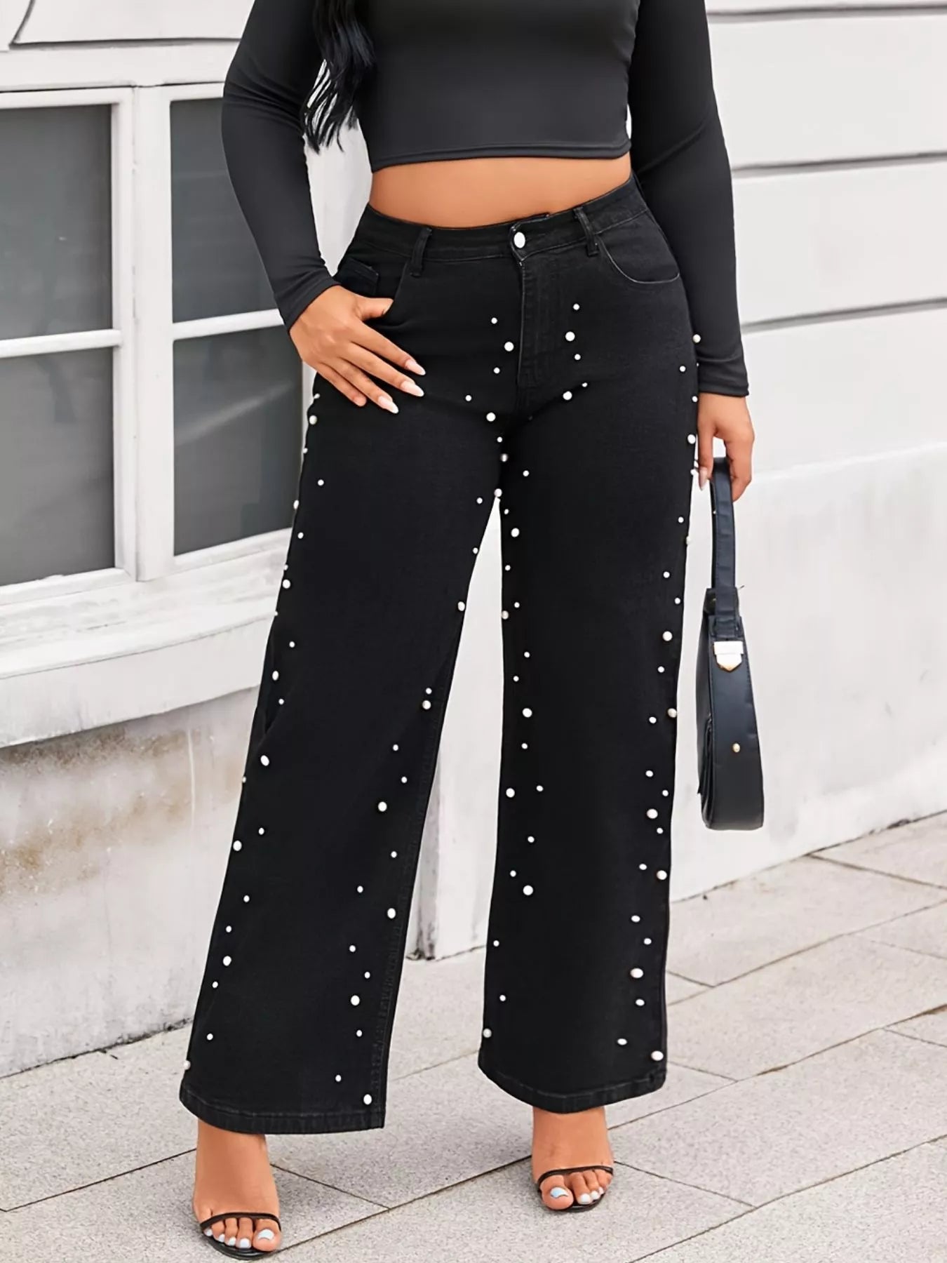 Plus Size Pearl Embellished Wide Leg Jeans - Flip Flop Dynasty