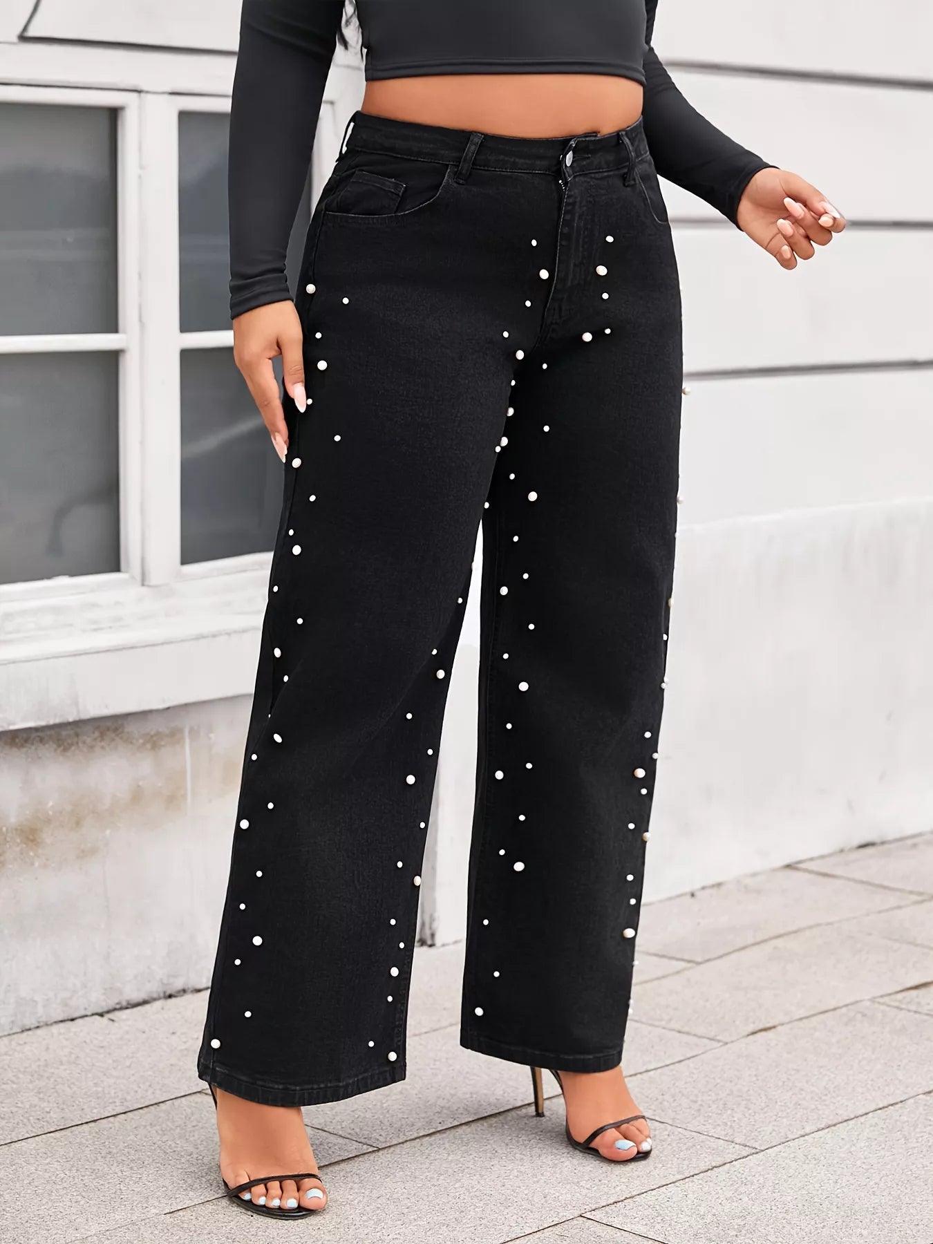 Plus Size Pearl Embellished Wide Leg Jeans - Flip Flop Dynasty
